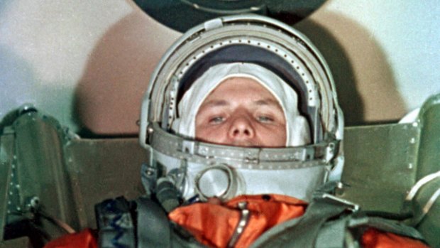 Yuri Gagarin, the first man in space, aboard the Vostok 1 spaceship at the Baikonur launch complex moments before blast-off on April 12, 1961.