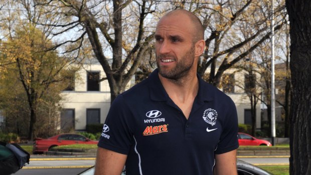 AFL Carlton football club-Chris Judd arrives at the club for his Media conference. 9th June 2015. Fairfaxmedia The Age news Picture by Joe Armao