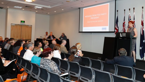 Pauline Hanson addressing the One Nation AGM in Brisbane on Thursday.