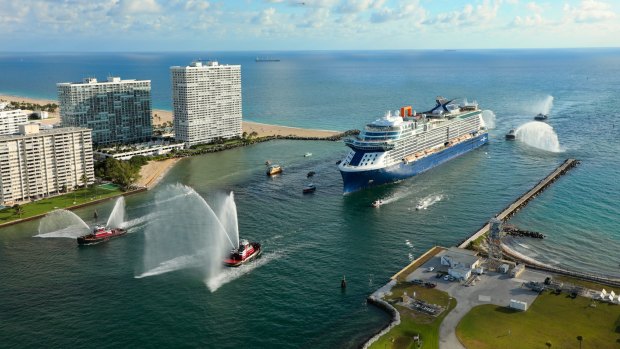 Celebrity Edge cruise ship arrives in Miami.
