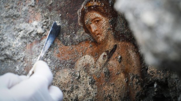 An archaeologist works to uncover the newly discovered fresco.