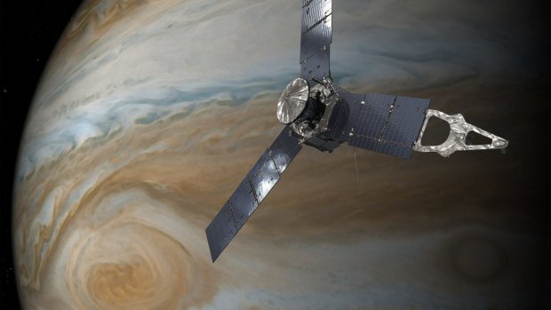 This illustration depicts NASA's Juno spacecraft soaring over Jupiter's Great Red Spot. 
