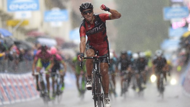 BMC's Philippe Gilbert of Belgium celebrates after winning the 12th stage of the Giro d'Italia.