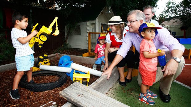 Social Services Minister Scott Morrison visits "Kinderoos" childcare centre in Bexley North, Sydney.