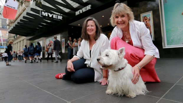 Illustrator Robin Cowcher (L) and author Corinne Fenton with dog Harry are starring in the Myer Christmas windows 60th anniversary celebrations this year.