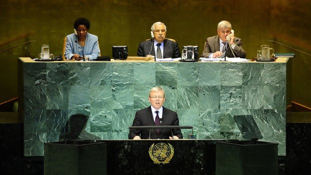 Kevin Rudd, as foreign minister, addresses the United Nations General Assembly in 2010.