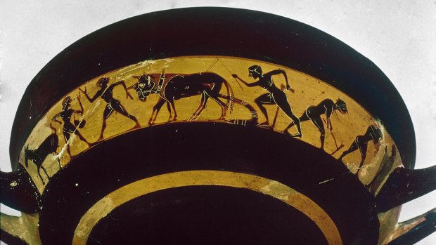 A vase depicting tilling and sowing in 5th century BC Greece.
