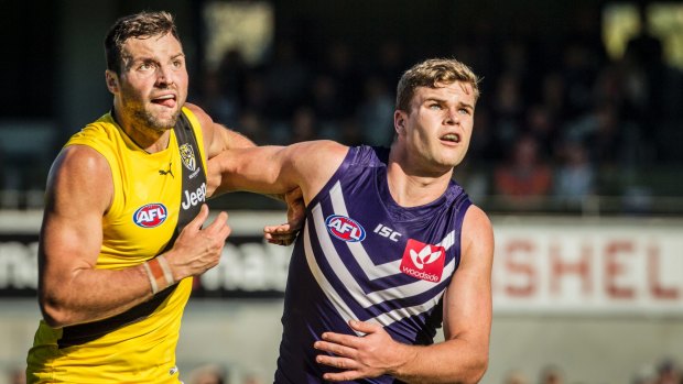 Eyes on the prize: Tigers Toby Nankervis (left) and Sean Darcy compete in a ruck contest.