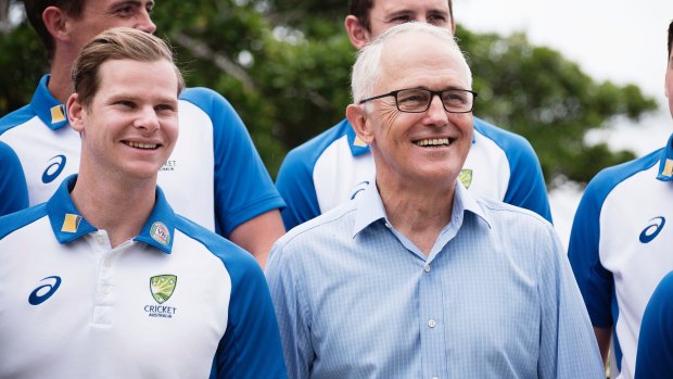 Happier days: Malcolm Turnbull poses with  Steve Smith in 2017.