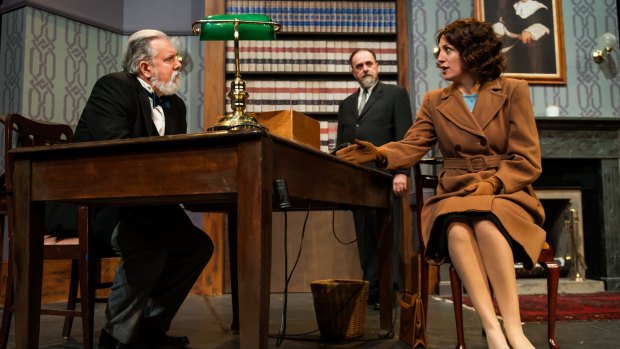 Pat Gallagher (left) as Sir Wilfrid Robarts, Jerry Hearn as John Mayhew and Emma Wood as Romaine Vole star in Agatha Christie's <i>Witness for the Prosecution</I>.