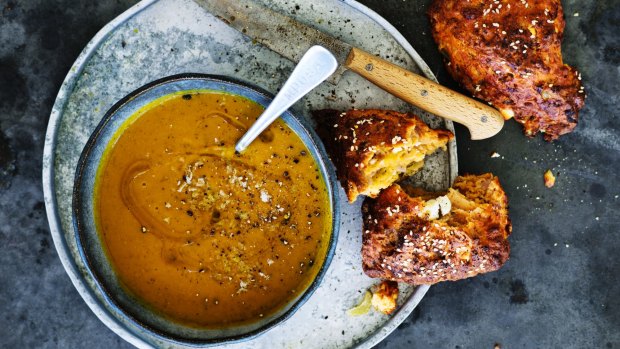 Garlic, sweet potato and chickpea soup with spiced red onion and feta scones. 