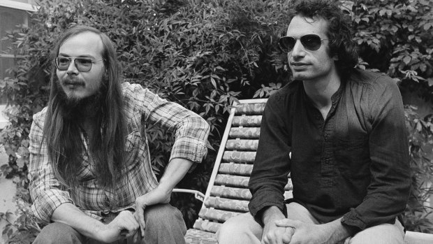 Walter Becker, left, and Donald Fagen of Steely Dan, sit in Los Angeles on October 29, 1977.