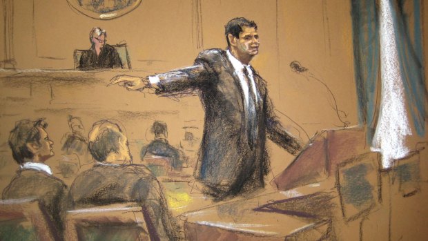 Assistant US Attorney Timothy T. Howard speaks during closing arguments in the trial of Ross Ulbricht (left) as seen in this courtroom sketch.