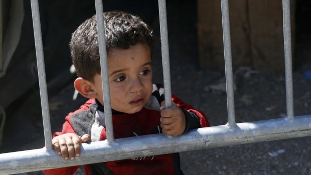 A migrant boy looks through fence in a migrant processing center in Serbia.