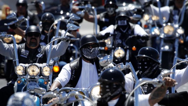 Members of the Mongols Motorcycle Club ride into Boulder City, Nevada, US.