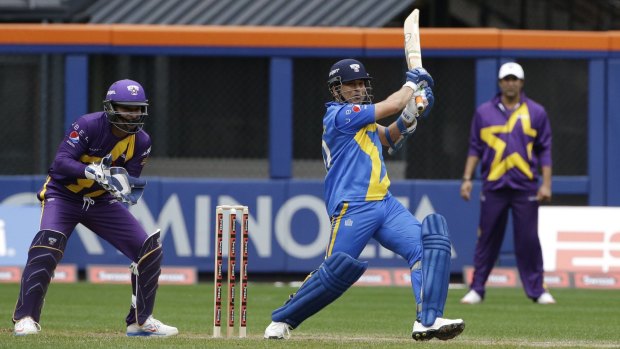 Swinging Sachin: Sachin Tendulkar in action during the Blasters innings at Citi Field.