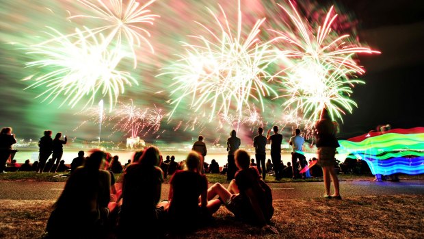 Enjoying the fireworks for skyfire celebrations over Lake Burley Griffin.