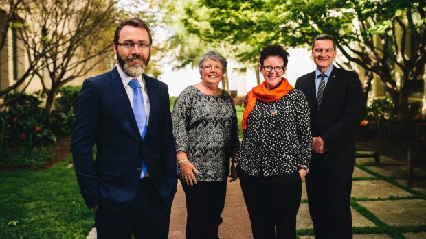 (L-R) Ivan Hinton-Teoh of Just.Equal, Shelley Argent spokesperson of the Parents and Friends of Lesbians and Gays, Felicity Marlowe of Rainbow Families Victoria, and Rodney Croome a long time marriage equality advocate are happy with the news that Labor has agreed to block the same-sex marriage plebiscite legislation.