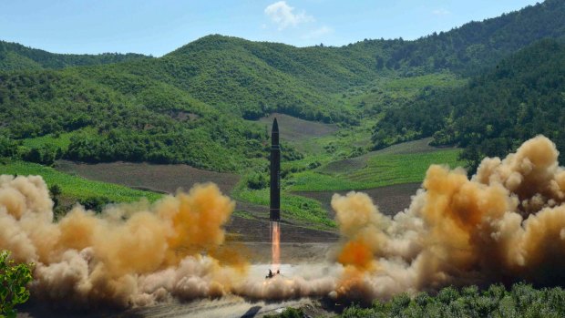 This July 4, 2017, file photo, distributed by the North Korean government shows what was said to be the launch of a Hwasong-14 intercontinental ballistic missile (ICBM) in North Korea's northwest. 