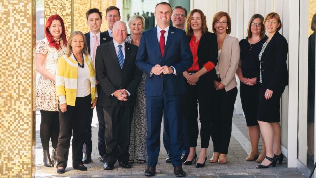 The newly elected Labor parliamentarians, with a record number of women. Women have a majority in the ACT parliament, believed to be the first time in any parliament in Australia's history.