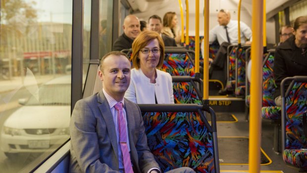 ACT Chief Minister Andrew Barr and Transport Minister  Meegan Fitzharris on the new "city loop" bus service.