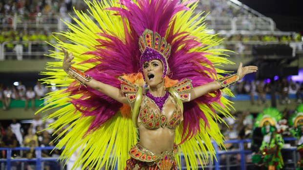 A performer from Academicos do Grande Rio samba school parades during 2018 Carnival celebrations at the Sambadrome in Rio de Janeiro, Brazil.