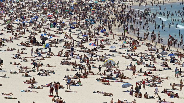A crowded Bondi Beach in summer.
