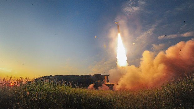 In a photo provided by South Korea Defence Ministry, South Korea's Hyunmoo II ballistic missile is fired during an exercise at an undisclosed location on September 4. 