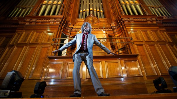 Willoughby on the Town Hall organ at the Melbourne Indigenous Arts Festival in 2014.