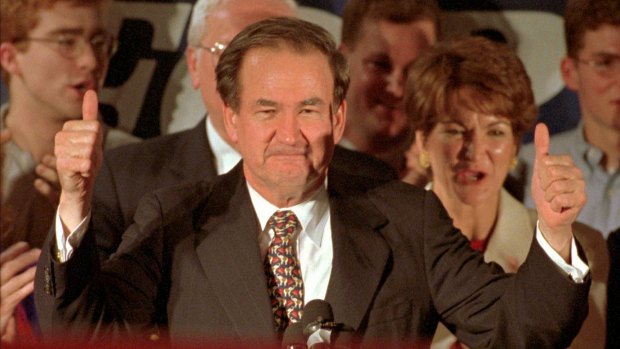 Pat Buchanan wins the New Hampshire primary in 1996.