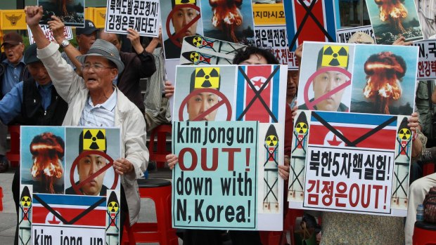 South Korean protesters during a rally denouncing the latest North Korea's nuclear test.