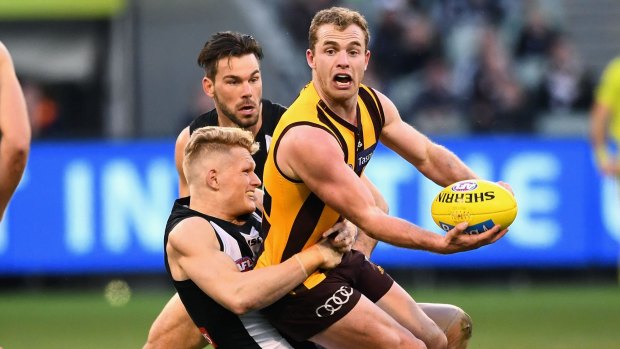 Touch and go:  Adam Treloar pressures Hawthorn's Tom Mitchell.