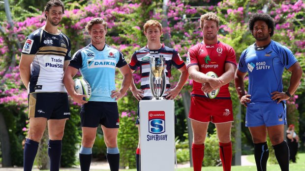 Sam Carter (Brumbies), Michael Hooper (Waratahs), Nic Stirzaker (Rebels), James Slipper (Reds) and Tatafu Polota-Nau (Force) at the launch of the 2017 Super Rugby season in Brisbane on Monday.