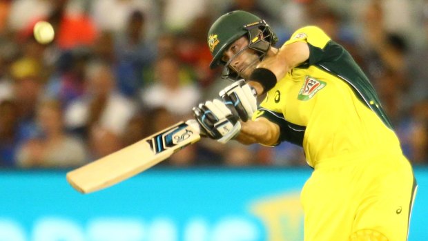 Dispatched: Glenn Maxwell hits one over the fence during game three against India at the MCG.