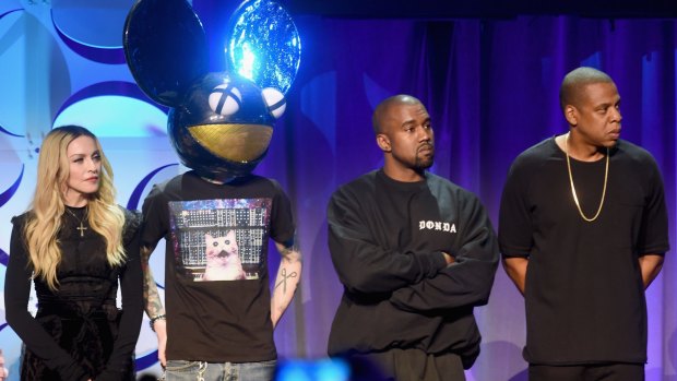 Madonna, Deadmau5, Kanye West, and JAY Z onstage at the Tidal launch event on March 30, 2015, in New York City
