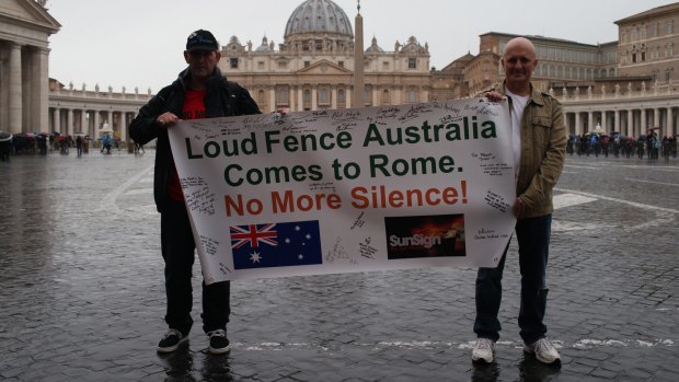 Speaking out: Paul Levey and Andrew Collins, victims of child abuses, are pictured in front of the Vatican.