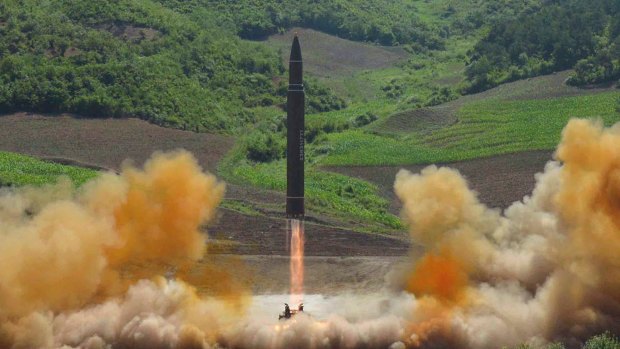 This photo distributed by the North Korean government shows what was said to be the launch of a Hwasong-14 intercontinental ballistic missile during North Korea's last missile tests.