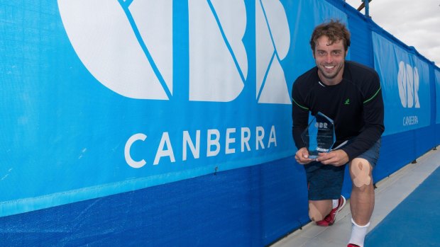 Paolo Lorenzi celebrates his victory in the inaugural $75,000 Canberra ATP Challenger.