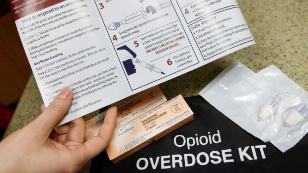 A kit for treating opioid overdose. If an overdose is caught in time, the effects can be reversed; if not, the opioids overwhelm the brain's respiratory centre. 