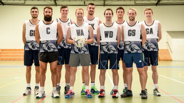 The Victorian men's netball team (from left): Matt Longhurst, Ely Harrison, Tim Malmo, Andrew Simons, Merrow Clough, James Robertson, Will Jamison, Dan Cooke, Brodie Roberts.