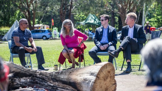 National Capital Authority boss Andrew Smith meets with elders at the Aboriginal Tent Embassy. 