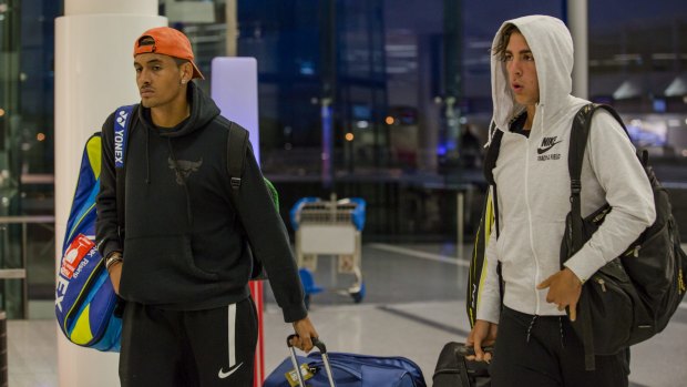 Nick Kyrgios and Thanasi Kokkinakis at Canberra Airport on Monday.