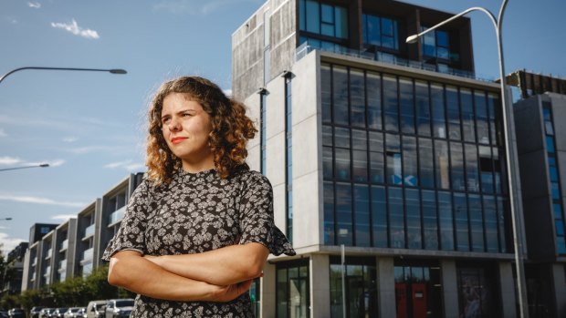 Jessica Gonzales in front of her apartment complex on the Kingston Foreshore. 