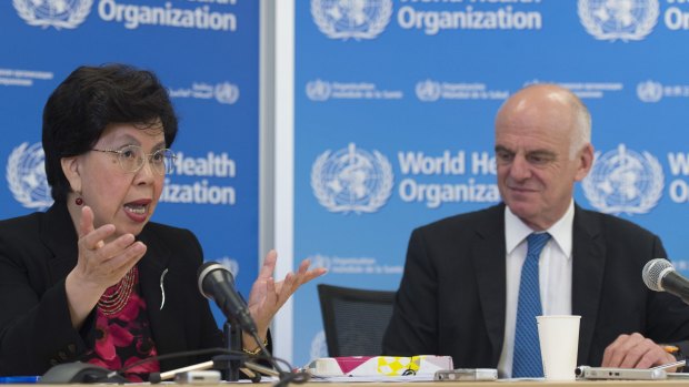 China's Margaret Chan, Director General of the World Health Organisation, left, and David Nabarro, UN Special Envoy on Ebola, right.