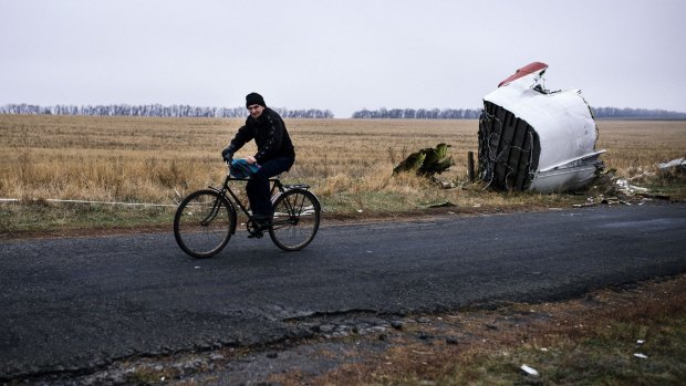A man rides his bike past the MH17 crash site, 80 kilometres east of Donetsk.