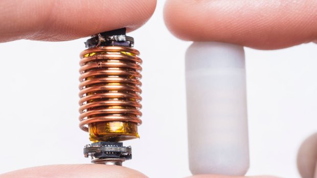 The gas sensor device is the size of a fish oil or big vitamin capsule.