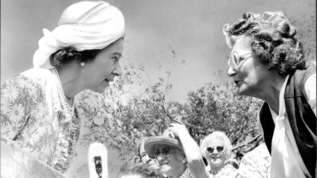 Queen pictured with crowd after unveiling of plaque. March 14, 1977.