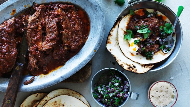 Stout-braised short rib taco with red onion salsa.