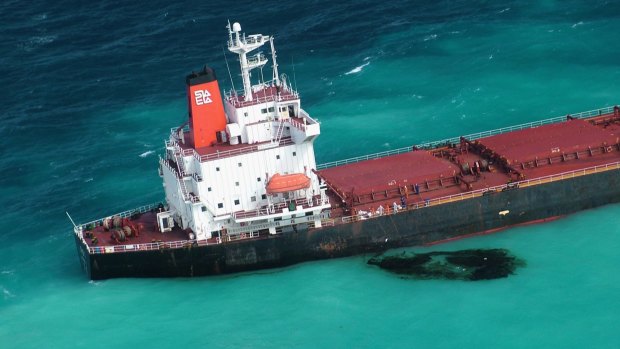 Shen Neng 1, the Chinese-registered bulk coal carrier which grounded in the Great Barrier Reef Marine Park. Scars from its grounding still remain.