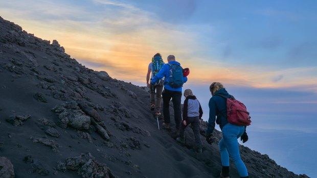 Hiking up the Stromboli volcano in the Aeolian islands, Sicily.